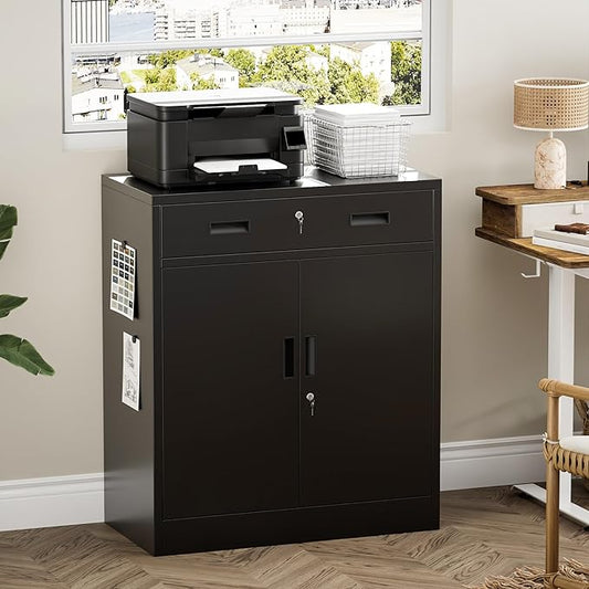 Steel Storage Cabinets，Metal Storage Cabinet with 1 Locking Drawers, Locking Storage Cabinets for Office, Home, Garage, Warehouse 37" H x 31.5" W x 15.7" D (Black)