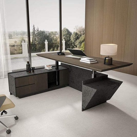 86.6" Adjustable Height L-Shaped Executive Desk with LED Light Strip - Black Inverted Trapezoid Design, Includes Storage Cabinet with Drawers & Doors, Ergonomic Standing Office Desk for Home & Office