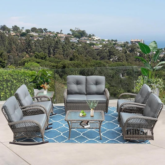 VIVIJASON 7-Piece Outdoor Patio Wicker Conversation Sets, All Weather Outdoor Rattan Furniture Set Includes Glider Loveseat, 2 Rocking Chairs, 2 Swivel-Gliders Chairs, 2 Coffee Table, Grey