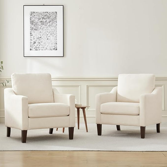 VKNOW Mid Century Modern Accent Chairs Set of 2, Upholstered Living Room Chairs Armchair for Bedroom, Comfy Reading Accent Chairs with Wood Legs for Living Room, Beige