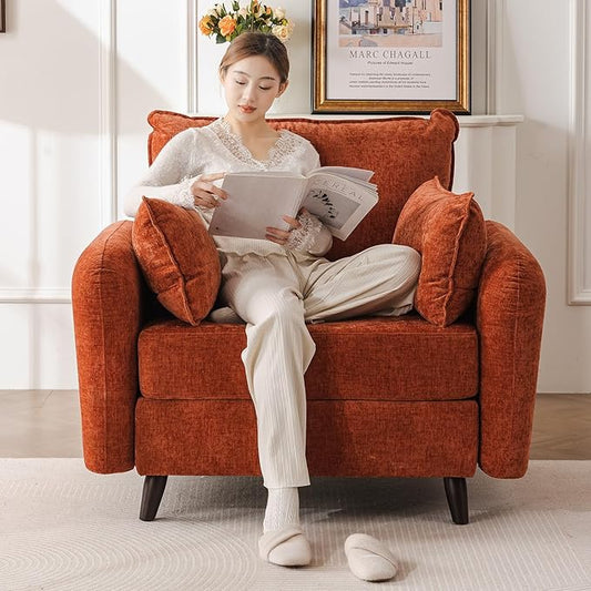 Oversized Accent Chair with All Seats Storage,Comfy Living Room Chairs with 2 Throw Pillow,Upholstered Mid-Century Armchair,24.5'' Deep Seat,Reading Chair for Bedroom,Office,Chenille,Orange