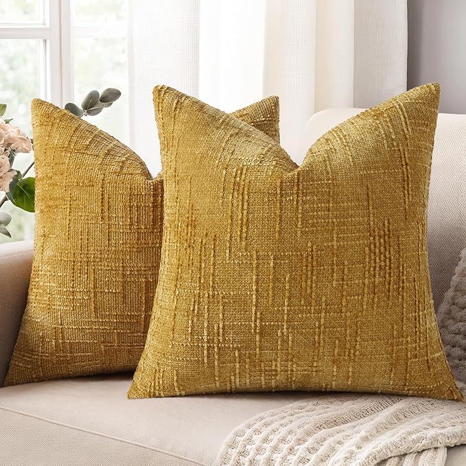 decorUhome Mustard Yellow Chenille Throw Pillow Covers 22x22 Set of 2 Thick Textured Slubby Couch Pillow Covers Farmhouse Accent Modern Neutral Decorative Pillow Cases for Bed Sofa Living Room