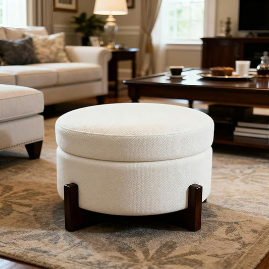 modscape 24-Inch Large Round Chenille Storage Ottoman Coffee Table Upholstered Velent Ottoman Table for Living Room Soft Tufted Circle Boucle Ottoman with Lift-Off Lid X-Base (Ivory, 24in-X-Base)
