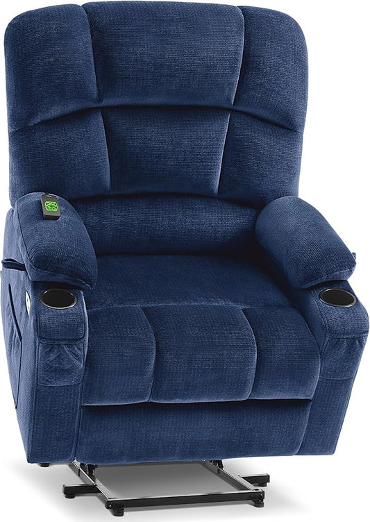 MCombo Oversized Dual Motor Power Lift Recliner Chair Sofa with Massage and Heat for Big Elderly People, Infinite Position, USB Ports, Fabric R7688 (Navy Blue, Large-Oversize)