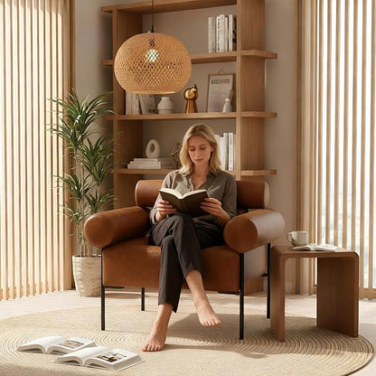 Modern Accent Chair, Single Sofa Accent Chair for Living Room, Upholstered Leather Mid-Century Modern Armchair, Oversized Reading Chair with Channel Tufted for Bedroom, Office, Brown