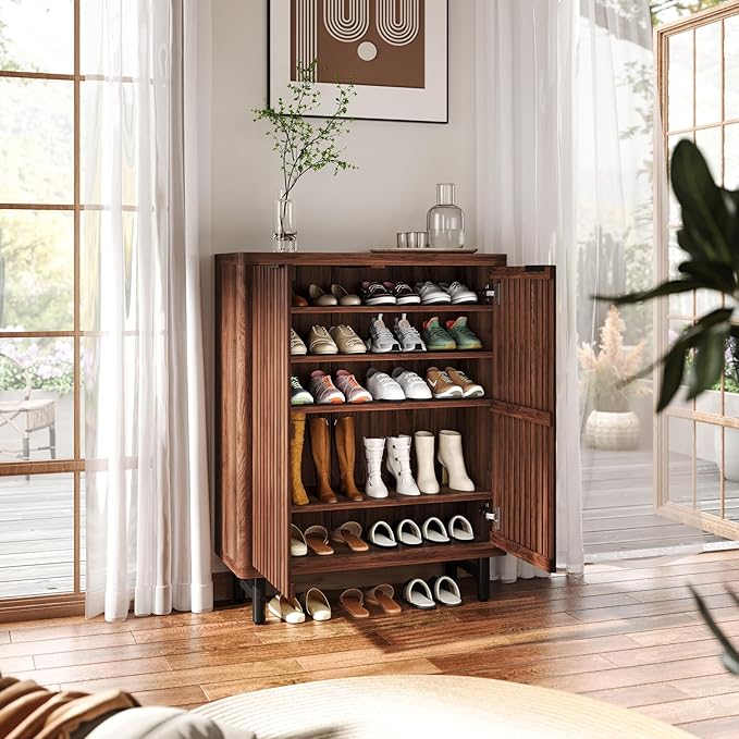 Tribesigns 6-Tier Farmhouse Shoe Cabinet with Shutter Doors, Wooden Shoe Organizer Rack with Adjustable Shelves, Modern Large Hidden Storage Furniture for Entryway, Hallway (Black&Brown)