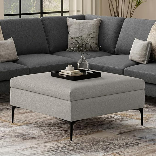 SIMPLIHOME Rebecca 36 inch Wide Contemporary Square Mid Century Coffee Table Storage Ottoman with Lift Up Lid in Cloud Grey Polyester Linen, Assembled, For the Living Room, Entryway and Family Room