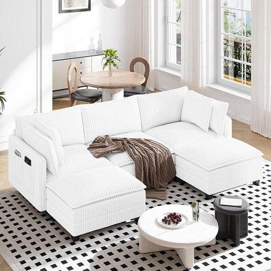 Vesgantti 109" U Shaped Cloud Sectional Sofa, Comfy Corduroy Upholstered Sectional Modular Sofas for Living Room, Modern Modular Couch with 2 Ottoman Deep Seat, Warm White