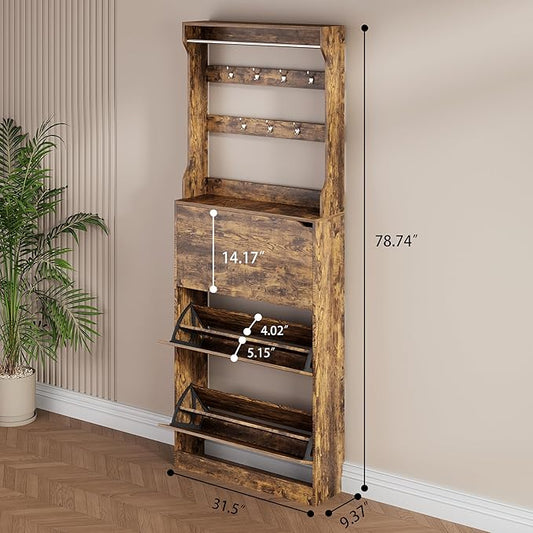 Shoe Storage Cabinet, Wood Shoe Organizer for Entryway with 3 Flip Drawers, Freestanding Shoe Rack with Adjustable Shelf, Narrow Shoe Dresser for Front Door Entrance(Brown, 78.74" x 31.5" x 9.37")