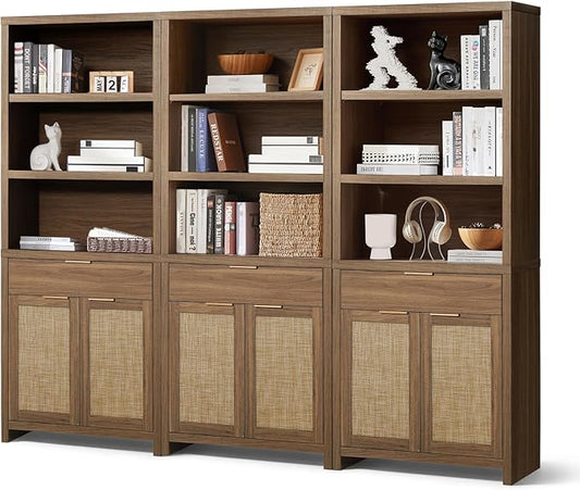 Hampstead Bookcase, Rattan Bookcase with Doors Cabinet and Drawer, 5-Tier Bookshelf, Large Wooden Book Case, Tall Bookshelves for Library Living Room (Special Walnut, 3 Pieces)