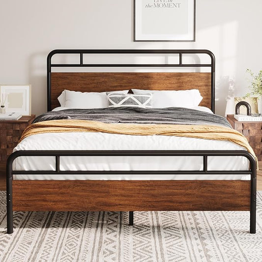 Allewie Queen Size Platform Bed Frame with Wooden Headboard and Footboard, Heavy Duty 13 Metal Slats Support, Under-Bed Storage, No Box Spring Needed, Noise Free, Easy Assembly, Walnut