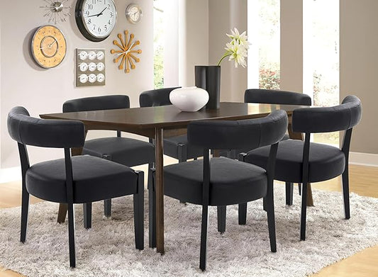 Modern Black Dining Chairs Set of 6, Faux Leather Upholstered Kitchen & Dining Room Chairs, Mid Century Modern Wooden Dining Chairs Oversized Sturdy Rounded Chairs Curved Back