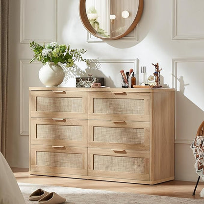 LEYAOYAO Rattan Dresser for Bedroom Set of 2, Boho 48" Wide 6 Drawer Dresser Chest of Drawers, Natural Wood Dressers TV Stand with Metal Handle, Storage Dressers Organizer for Living Room, Hallway