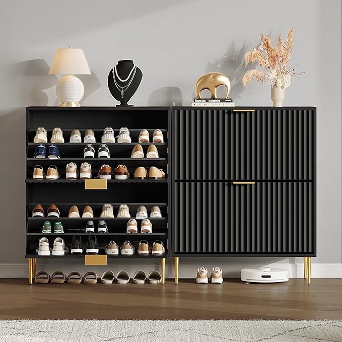SICOTAS Fluted Shoe Cabinet Storage for Entryway with 6 Flip Drawers-11.8"Deep Frestanding Shoe Organizer Cabinet with 6-tier Shelves, Large 60 Pairs Shoes Rack Cabinet for Foyer Hallway, Black, 3PCS