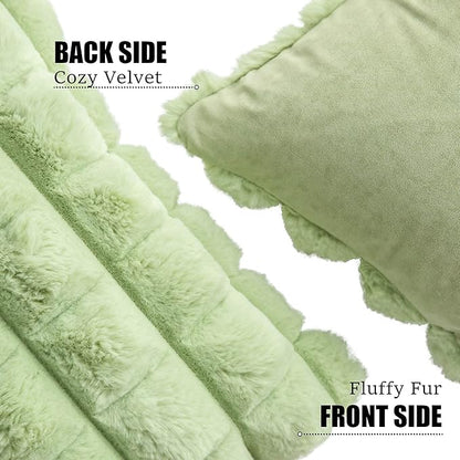 Neelvin Green Faux Fur Cozy Soft Plaid Decorative Throw Pillow Covers 12x20 inch Set of 2,Velvet Pillowcase Cushion Case for Sofa Couch