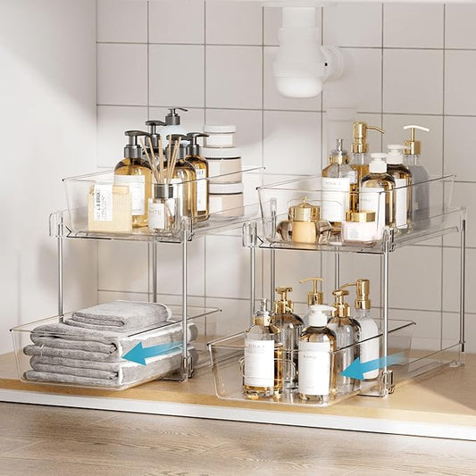 Vtopmart 2 Tier Bathroom Storage Organizer, 2 Pack Clear Under Sink Organizers Vanity Counter Container, Cabinet Drawers Bins, Pull-Out Organization with Track for Pantry, Kitchen