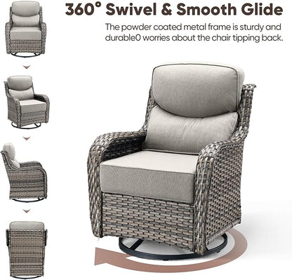 Swivel Patio Chairs Set of 3 with 6" Thick Cushion - Wicker Outdoor Swivel Rocker Patio Chairs with Side Table, High Back Comfortable Outdoor Glider Chair - Grey Wicker | Beige Cushions
