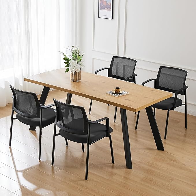 DUMOS Black Stackable Arm Chairs with Mesh Back and Upholstered Fabric, Sturdy Metal Frame, Easy to Store and Use, Perfect for Indoor and Outdoor Spaces, 4 Chair