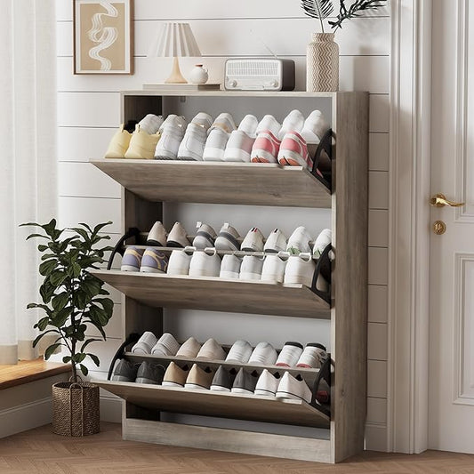 Shoe Storage Cabinet for Entryway with 3 Flip Drawers, Sturdy Wood Hidden Shoe Storage, Freestanding Narrow Slim Shoe Organizer for Front Door Entrance, Living Room, Hallway, Bedroom, Grey