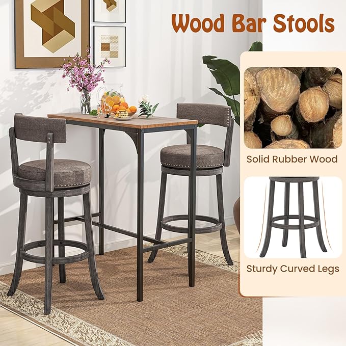 COSTWAY Bar Stools Set of 2, Upholstered Farmhouse Bar stools with Cushioned Seat & Backrest, Solid Wood Legs, Footrest, 31” Bar Height Swivel Stools for Kitchen Island, Pub (2, 31'' Seat Height)