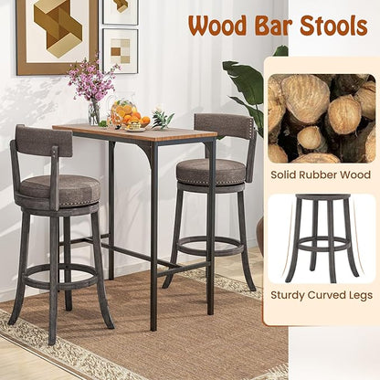 COSTWAY Bar Stools Set of 4, Upholstered Farmhouse Bar stools with Cushioned Seat & Backrest, Solid Wood Legs, Footrest, 31” Bar Height Swivel Stools for Kitchen Island, Pub (4, 31'' Seat Height)