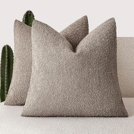 Foindtower Set of 2, Decorative Textured Boucle Throw Pillow Covers Accent Solid Pillow Cases Neutral Soft Cozy Couch Cushion Case for Chair Sofa Bedroom Living Room Home Decor 16x16 Inch Light Taupe