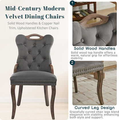 Velvet Dining Chairs Set of 4, Solid Wood Handles, Wooden Upholstered Dining Chair, Vintage Copper Nail Decoration, Mid Century Modern Kitchen Chair (Grey, Set of 4)