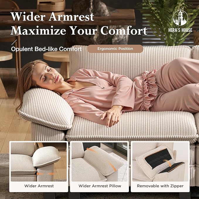 HERA'S HOUSE 158" Modular Sectional Sofa, Oversized U Shaped Couches for Living Room, Comfy Cloud Couch with Ottoman, 6-Seater Deep Seat Sofa with Throw Pillow, Corduroy Beige