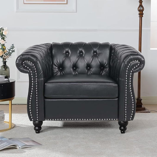LEVNARY Leather Upholstered Armchair, Mid-Century Modern Single Sofa Chair with Rolled Arms and Nailhead, Tufted Pu Leather Chesterfield Chair for Home Bedroom Reading Room (Black)