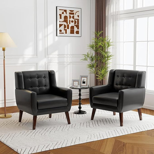 Lumibee Accent Chairs Set of 2, Modern Faux Leather Armchairs for Living Room, Comfy Upholstered Arm Chairs Tufted for Indoor Bedroom Office Room (P Black)