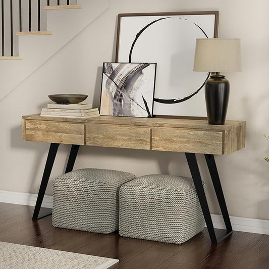 SIMPLIHOME Lowry Console Table - 60 Inch Wide Solid Mango Wood and Metal Sofa Table in Natural, Modern Industrial Storage Table for Entryway or Living Room with 3 Drawers and Angled Metal Legs