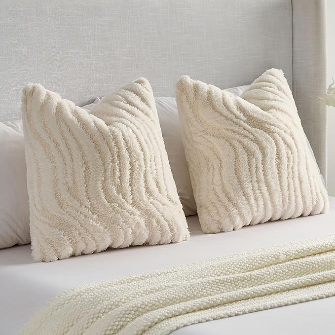 FUTEI Cream Decorative Throw Pillow Covers 20x20 Inch Set of 2,Soft Faux Fur Geometric Shapes Texture Cushion Case,Boho Home Decor for Couch Bed Living Room