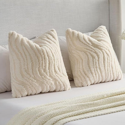 FUTEI Cream Decorative Throw Pillow Covers 26x26 Inch Set of 2,Soft Faux Fur Geometric Shapes Texture Euro Pillow Shams,Boho Home Decor for Couch Bed Living Room