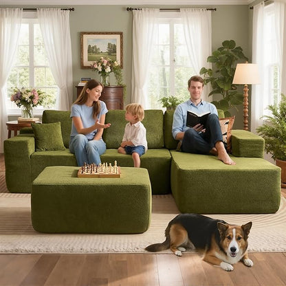 106" Cloud Sectional Couch with L-Shape Chaise & Ottoman, No Assembly Modular Sofa, Deep Seat Corduroy Boneless Couched for Living Room (Green Cloudy Velvet, Right Facing Chaise with Ottoman)