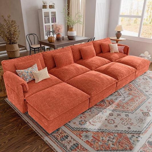 ELUCHANG Oversized 153" Modular Sectional Sofa, Comfy Deep Seat Cloud Couch, Sleeper Sofa Bed, 8 Seat Modern Couch with Removable Cover for Living Room, Apartment, DIY Combination, Chenille Terracotta