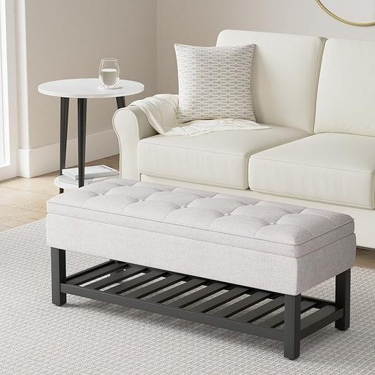SIMPLIHOME Cosmopolitan 44 inch Wide Transitional Rectangle Storage Ottoman Bench with Open Bottom in Cloud Grey Linen Look Fabric, Assembled for the Living Room and Bedroom