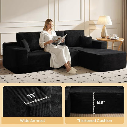 104" Cloud Sectional Couch with Chaise, Boneless L-Shaped Cloud Couch with Deep Seat, Corduroy Modern Minimalist Sofa, Assembly Free Comfy Sofa for Office Living Room Apartment(Black, Right Chaise)