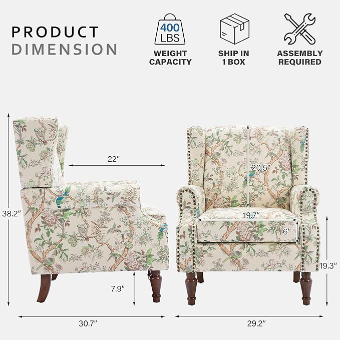 Lumibee High Back Accent Chair Set of 2, Armchair in Fabric,Comfy Upholstered Wingback Single Sofa Reading Chairs with Solid Wood Legs for Living Room,Bedroom,Office-Bird