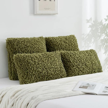 FUTEI Olive Green Decorative Throw Pillow Covers 16x16 Inch Set of 2,Soft Fluffy Faux Wool Fur Boucle Textured Cushion Case,Modern Home Decor for Couch Bed Living Room Office