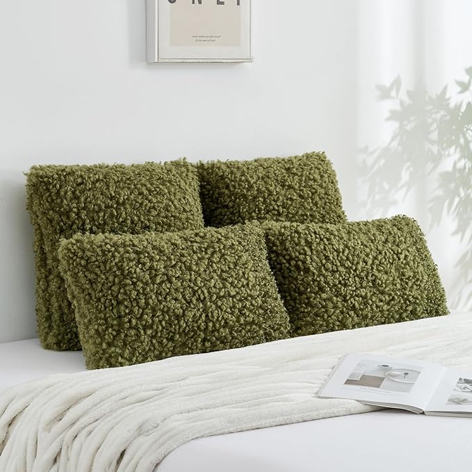 FUTEI Olive Green Decorative Throw Pillow Covers 24x24 Inch Set of 2,Soft Fluffy Faux Wool Fur Boucle Textured European Cushion Case,Modern Home Decor for Couch Bed Living Room Office
