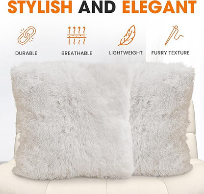 Cheer Collection Throw Pillows for Couch and Bed, Soft Shaggy Throw Pillows with Inserts Included, Cozy Long Hair Faux Fur Pillows - Set of 2-22" x 22" White