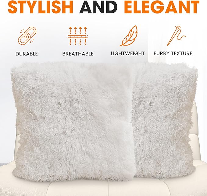 Cheer Collection Throw Pillows for Couch and Bed, Soft Shaggy Throw Pillows with Inserts Included, Cozy Long Hair Faux Fur Pillows - Set of 2-26" x 26" White