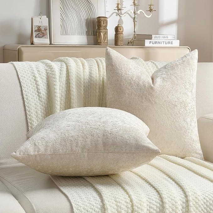 FUTEI Cream Flannel Throw Pillow Covers 26x26 Inch Set of 2,Soft Dimensional Textured Euro Pillow Shams,Modern Home Decor for Couch Living Room