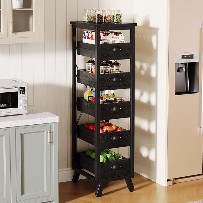 Tribesigns Black Wood Fruit and Vegetable Storage Rack, 5-Tier Narrow Snack Stand Kitchen Stand Fruit Basket, Pull-Out Utility Organizer for Kitchen, Living Room