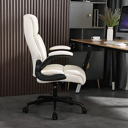 Youhauchair Executive Office Chair, Ergonomic PU Leather Computer Desk Chair with Lumbar Support, Flip-up Armrests and Adjustable Height, for Home Office, Beige