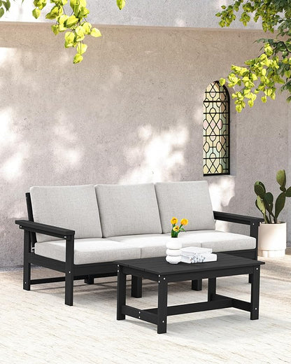 SERWALL HDPE Patio Sofa Set, 4-Piece Sectional Outdoor Furniture Set, All Weather Outdoor Couch Set Patio Furniture Set for Deck, Lawn, Black Frame with Khaki Cushion