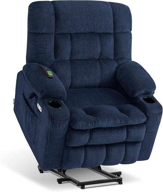 MCombo Dual Motor Power Lift Recliner Chair for Elderly, Lay Flat Lift Chair with Heat and Massage, Petite Wide Lift Chair, Cup Holders, USB A&C Ports, Fabric R7894 (Small-Wide, Navy Blue)