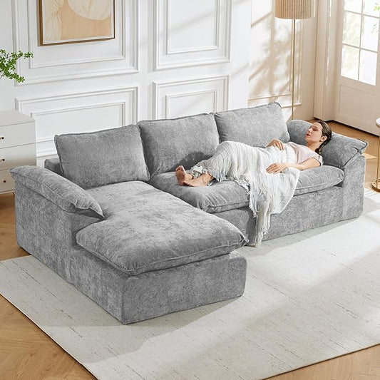 Modular Sectional Sofa, 107.5" L-Shaped Boneless Couch with Deep Seat, Modern Minimalist Upholstered Cloud Sectional Couch for Living Room Bedroom, No Assembly Required, Light Gray Chenille