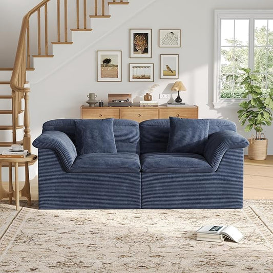 81" Sofa with Deep Seats Oversize, 2 Seater Cloud Couches, Upholstered Corduroy Loveseat for Living Room Bedroom, No Assembly Required, Blue