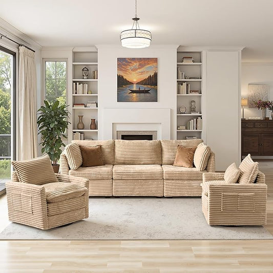 98" Modular Sectional Sofa with Swivel Chairs, Modern Cloud Couch Plush Corduroy 3 Seater Deep Seat Sofas Set & Accent Armchair Set of 2 for Living Room, Beige